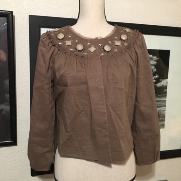 Elie tahariLight Brown Linen Gem CollarEmbellished Blazer 3/4 Sleeve Large